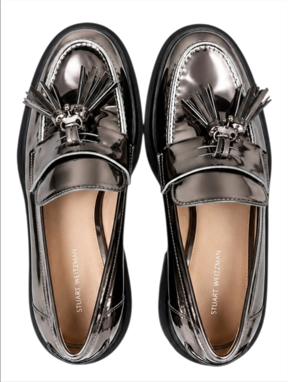 STUART WEITZMAN | Metallic Pewter Tassel Lug Sole Loafers Size 8B Made in Spain - Picture 4 of 6
